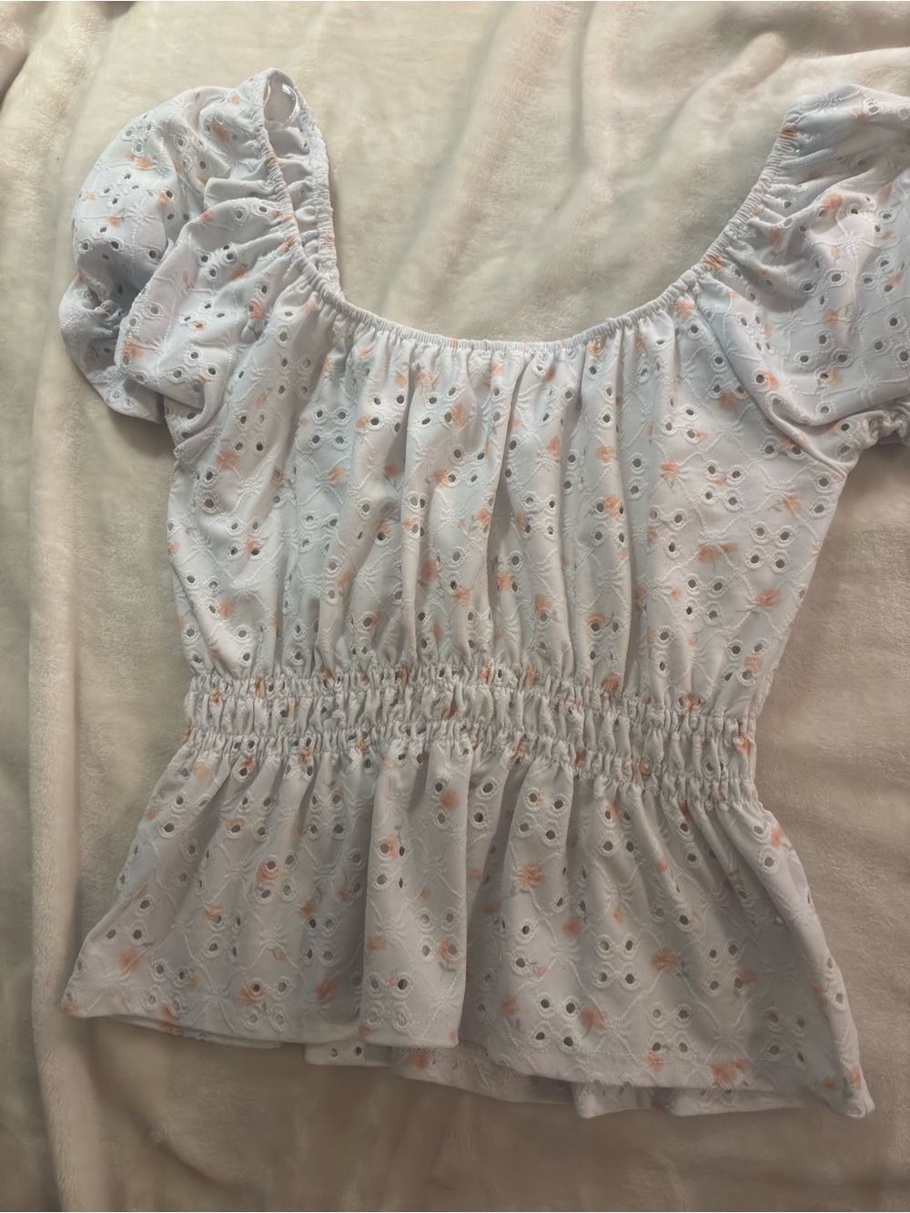 Pink Rose White Eyelet Peplum Top with Peach Floral